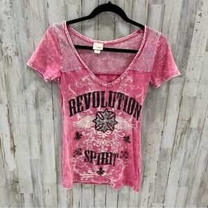 Daytrip Buckle Pink Y2K Embellished Tshirt VNeck Revolution Spirit Stonewash